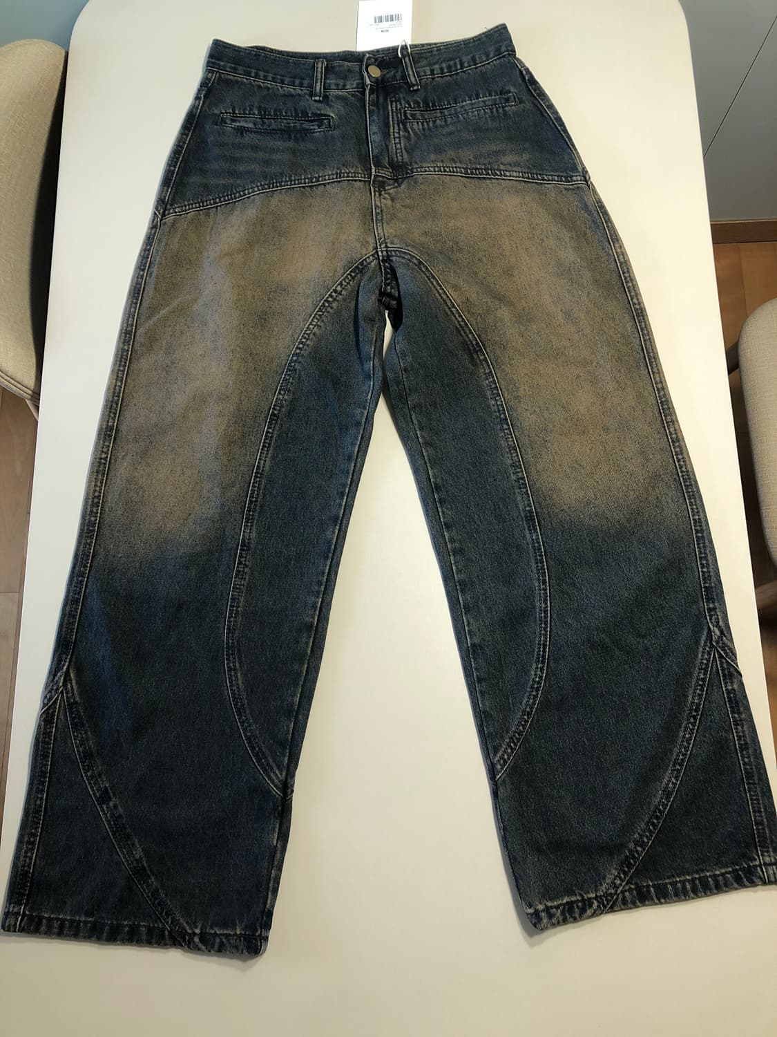 절개 라인 워싱 벌룬핏 데님 팬츠(MUD BULE) 상품이미지1