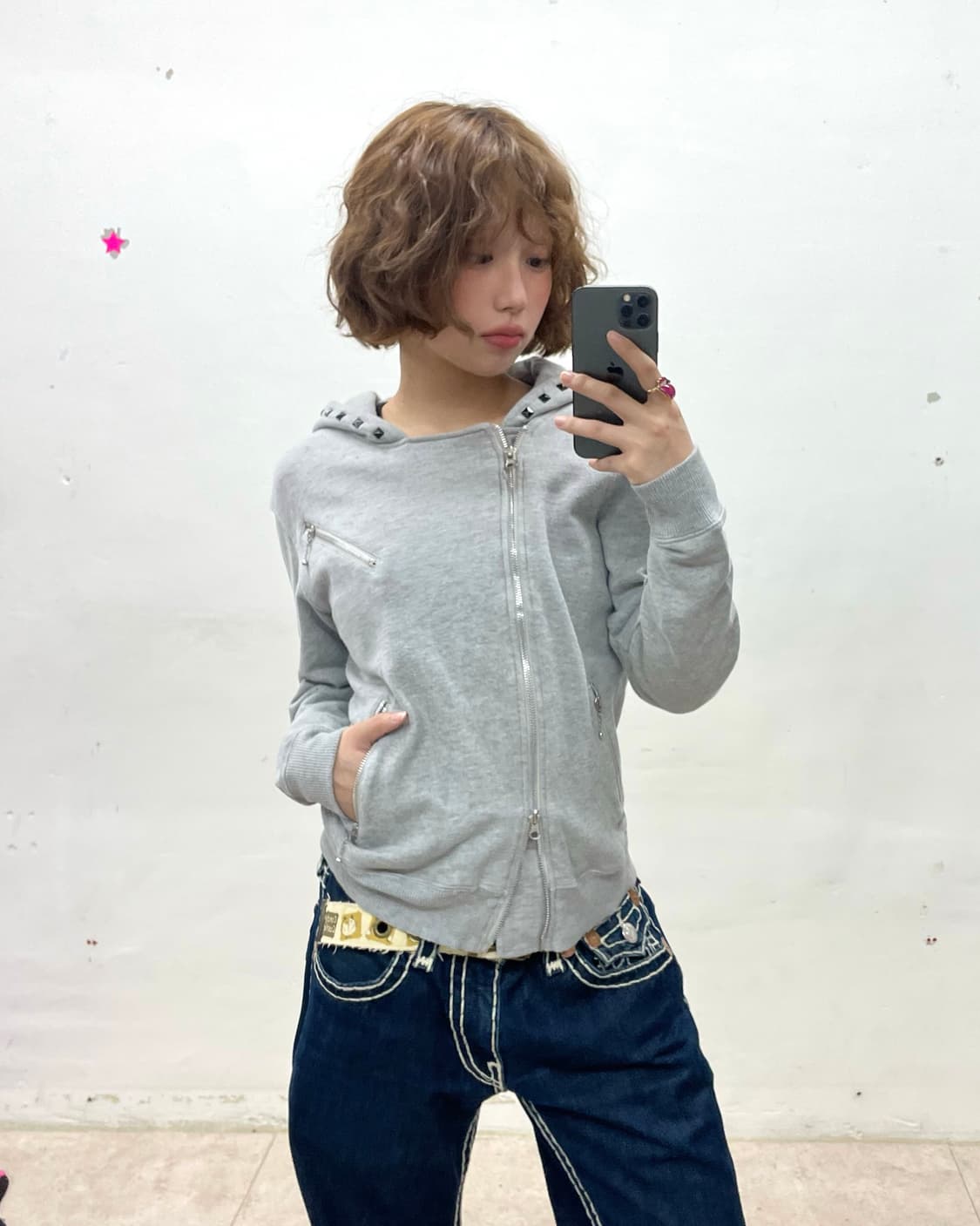 Asymmetric Zipper Stud Gray Hooded Zip 상품이미지1