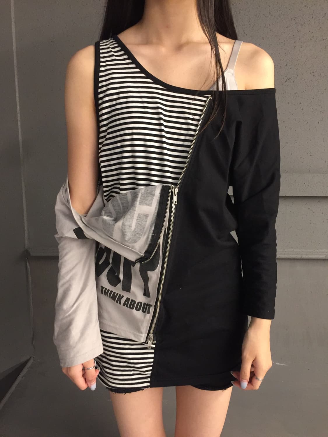 VARIOUS 펑크 언밸런스 오프숄더 롱슬리브 상품이미지4