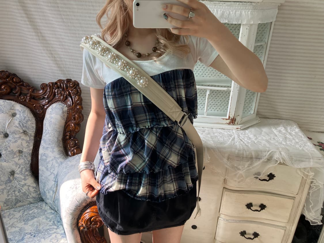 빈티지 블루 체크 캉캉 반팔 블라우스 상품이미지2