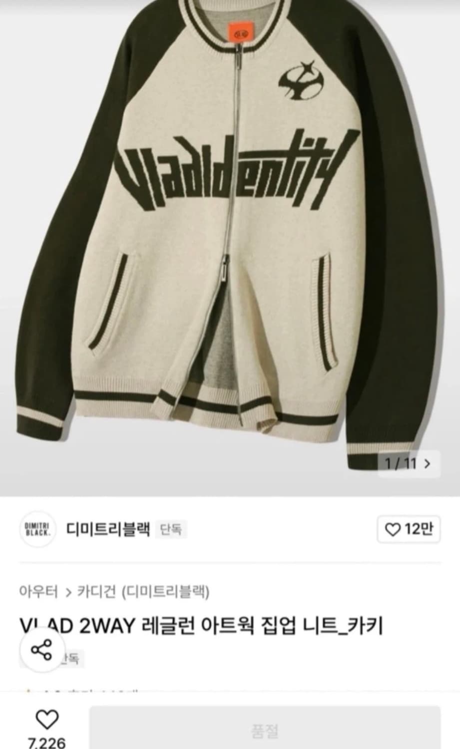 (새상품)디미트리 블랙 아트웍 집업 니트 카키 M팝니다! 상품이미지1