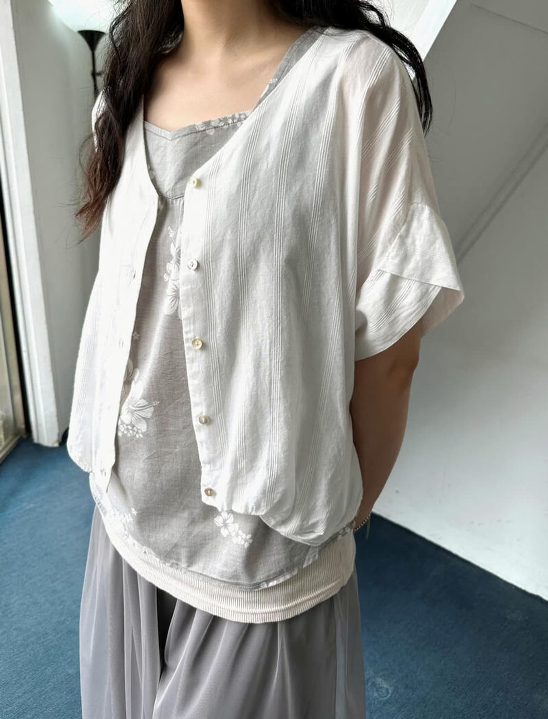 Wide design jacquard fabric shirt top 상품이미지1