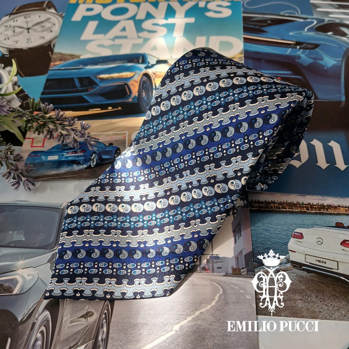 에밀리오 푸치 실크 블루 모자이크 넥타이 8.6cm A+등급 A19015 상품이미지1