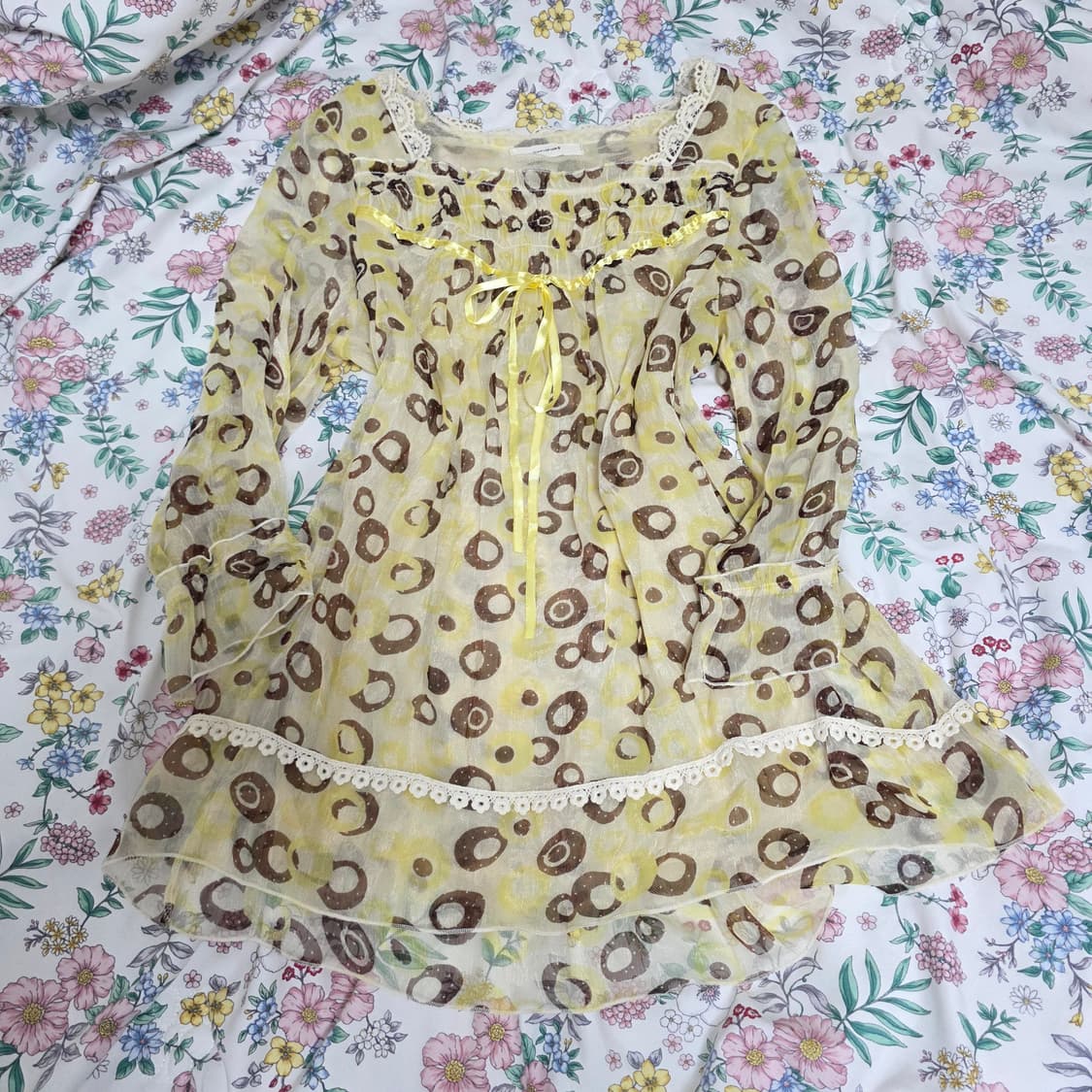 일본빈티지)옐로우 레오파드 호피모리걸 오네갸루쉬폰레이스 롱슬리브 블라우스 상품이미지2