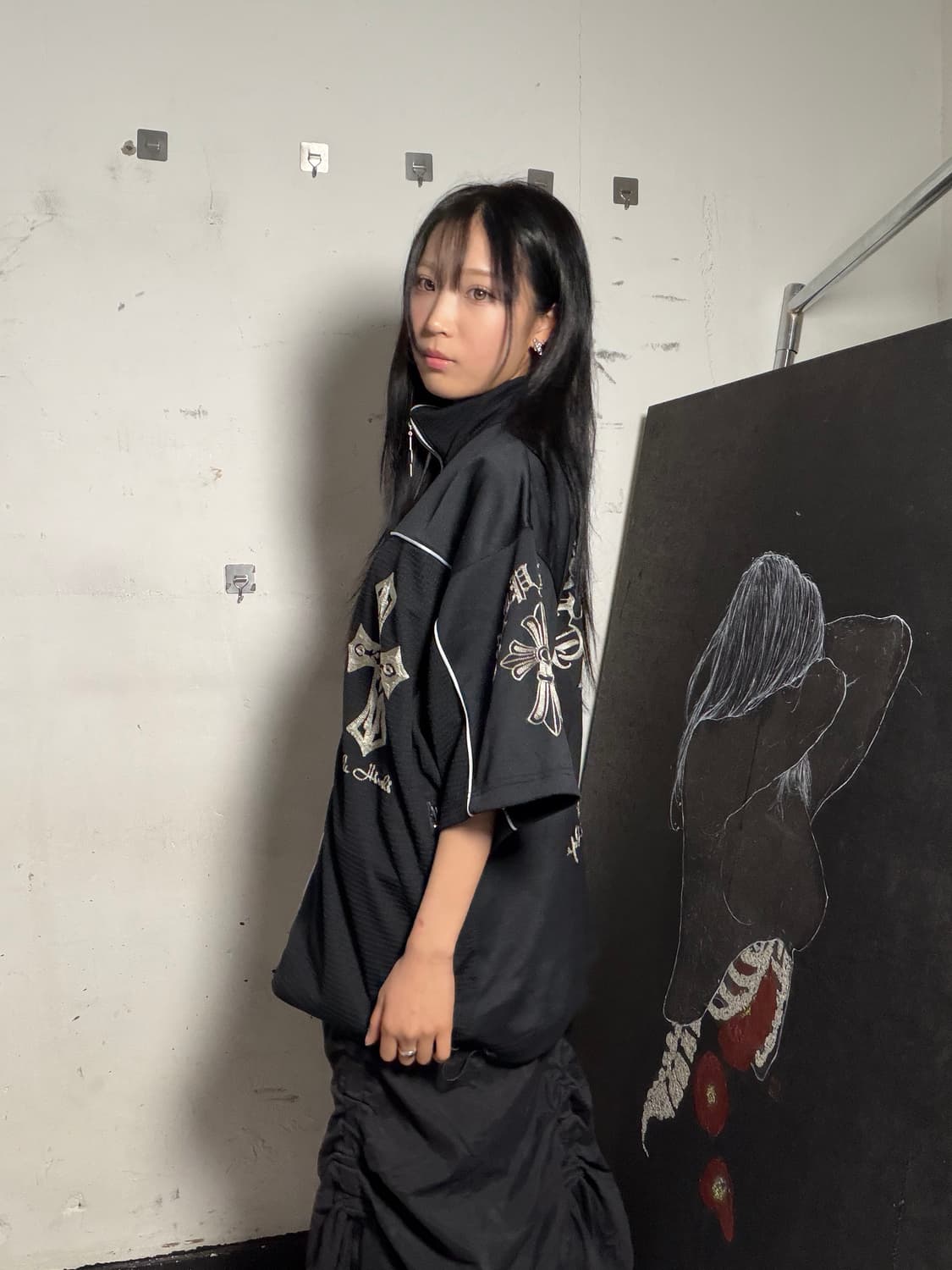 JPN 일본 빈티지 고딕풍 십자가 프린팅 오버핏 반팔 져지 집업  상품이미지5