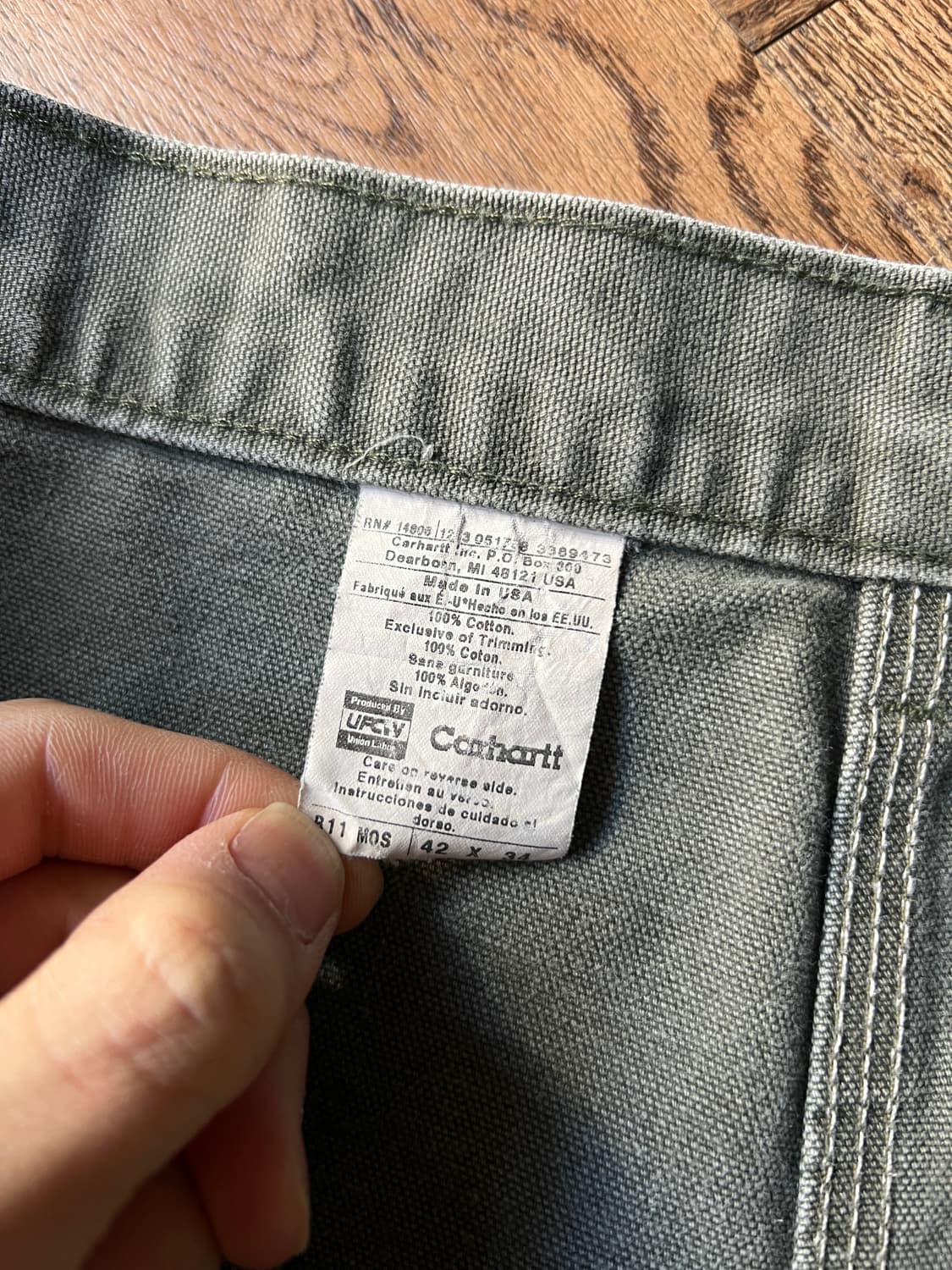 [42]칼하트 Made in USA 빈티지 워싱 모스그린 싱글니 워크팬츠 상품이미지4