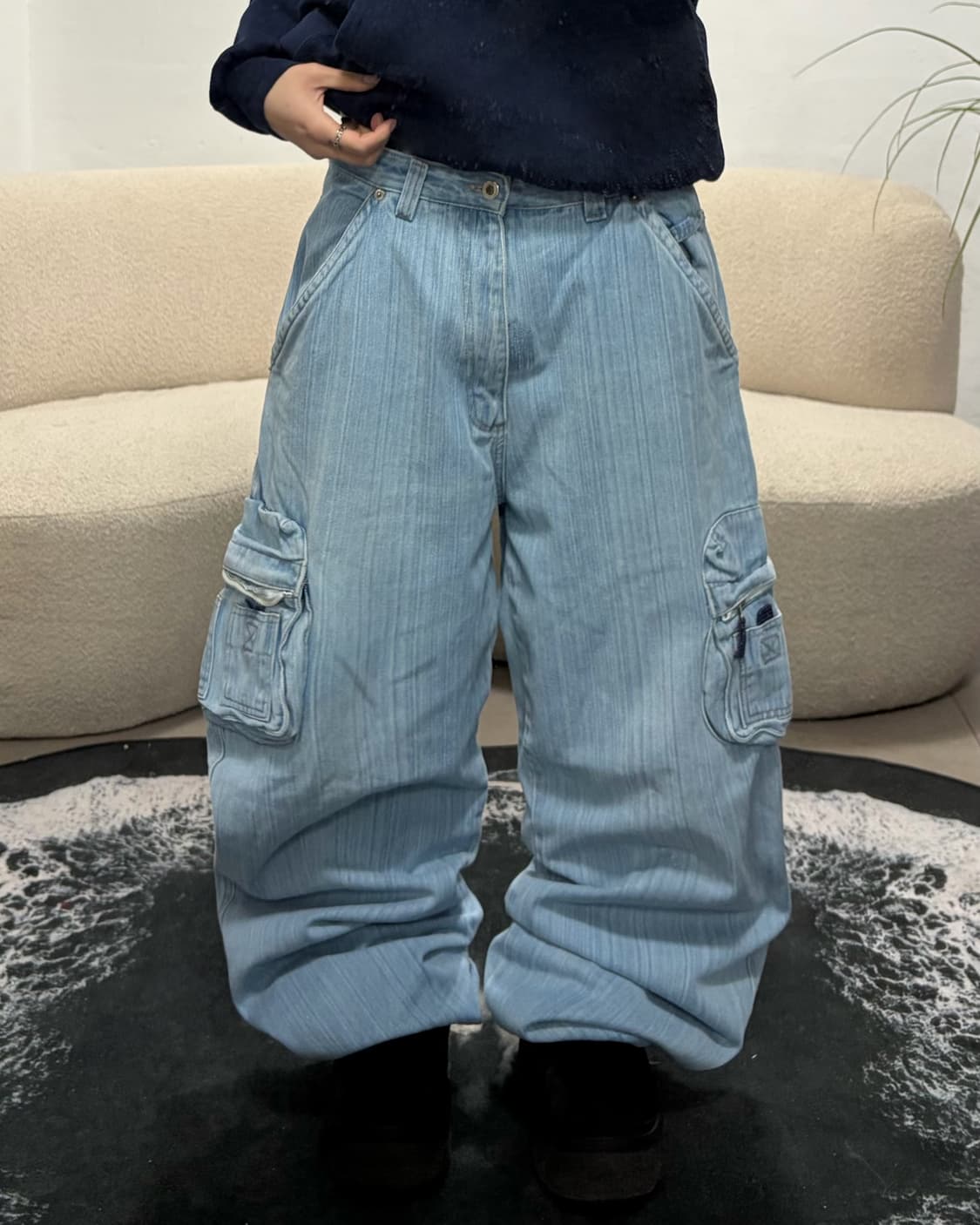 90s 올드스쿨 빈티지 스트라이프 워시드 데님 카고 와이드 힙합팬츠 상품이미지3