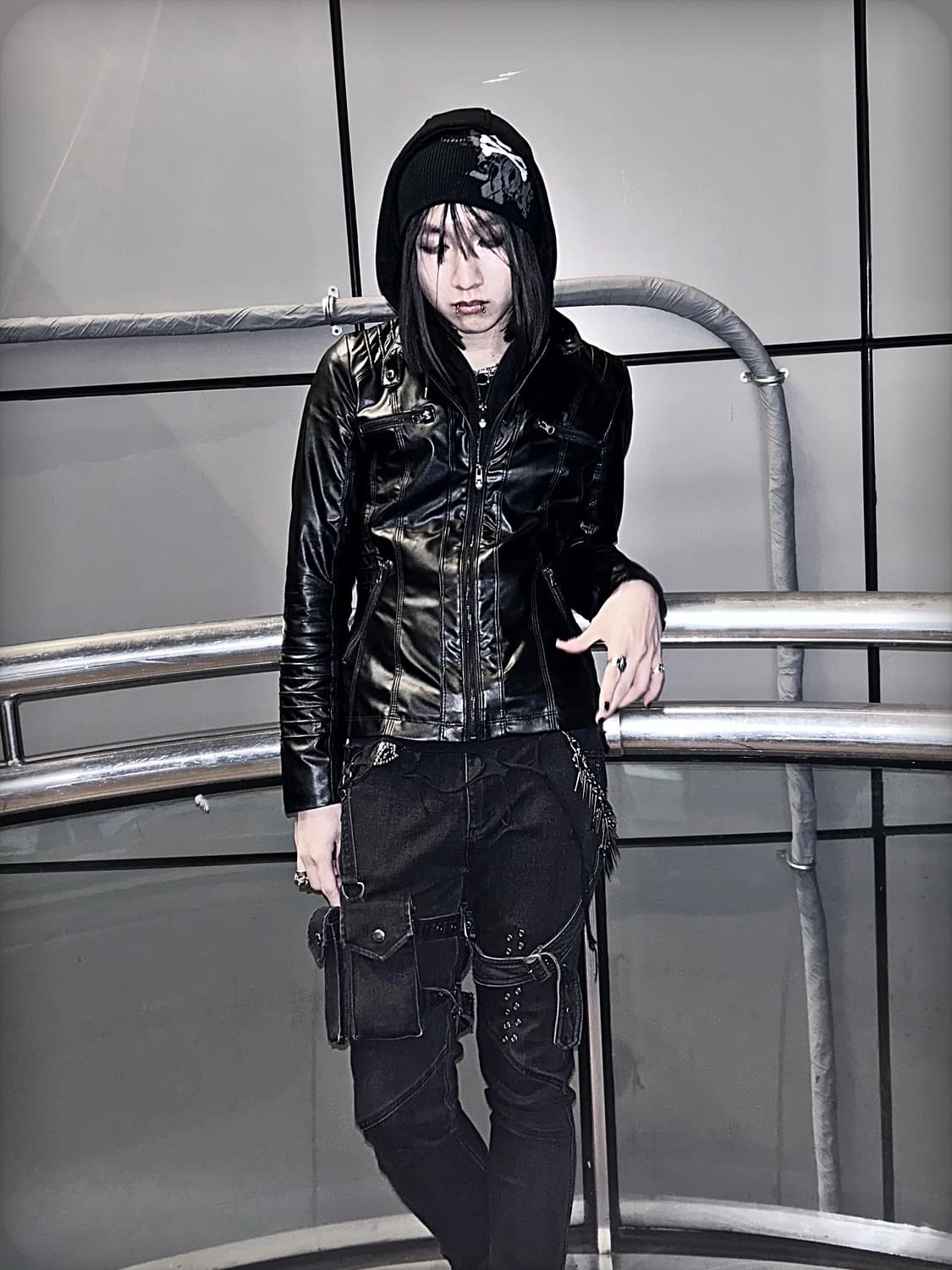 Jpn 00s 페이크 레더 후드 레이어드 자켓 vkei 펑크 y2k 상품이미지1