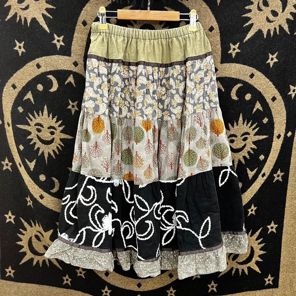 빈티지 보헤미안 에스닉 패치워크 밴딩 셔링 롱스커트 K0180 상품이미지3