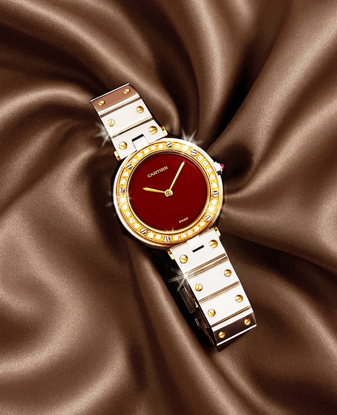 까르띠에 산토스 희귀 와인 다이얼 여성용 콤비 다이아 시계 상품이미지1