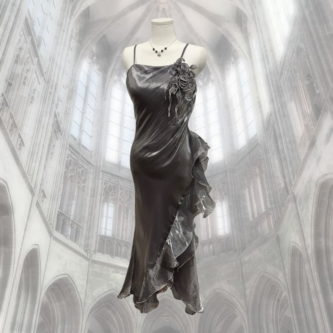 빈티지 실버 오간자 러플 파티 드레스 상품이미지1