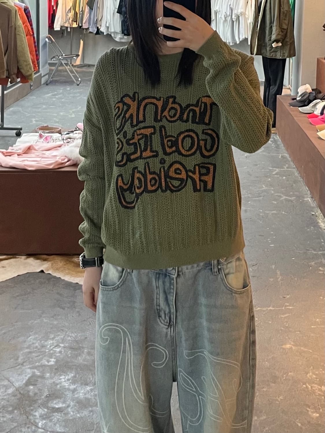 Frei 프라이 코튼 블렌디드 슬로건 카키 니트 H1888 상품이미지1