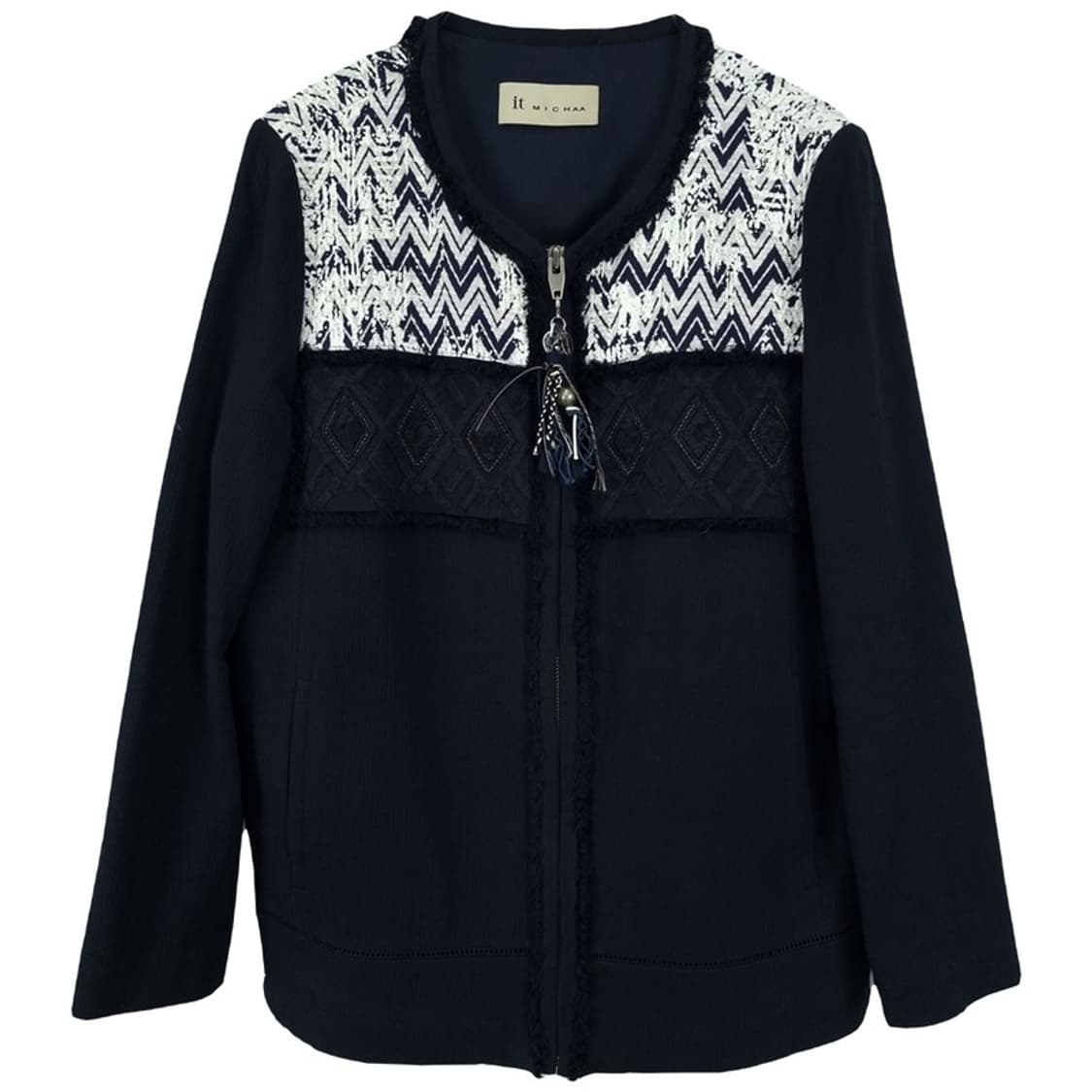 [잇미샤] 에스닉 패턴 카라리스 린넨 집업 자켓 네이비 M18857 상품이미지2