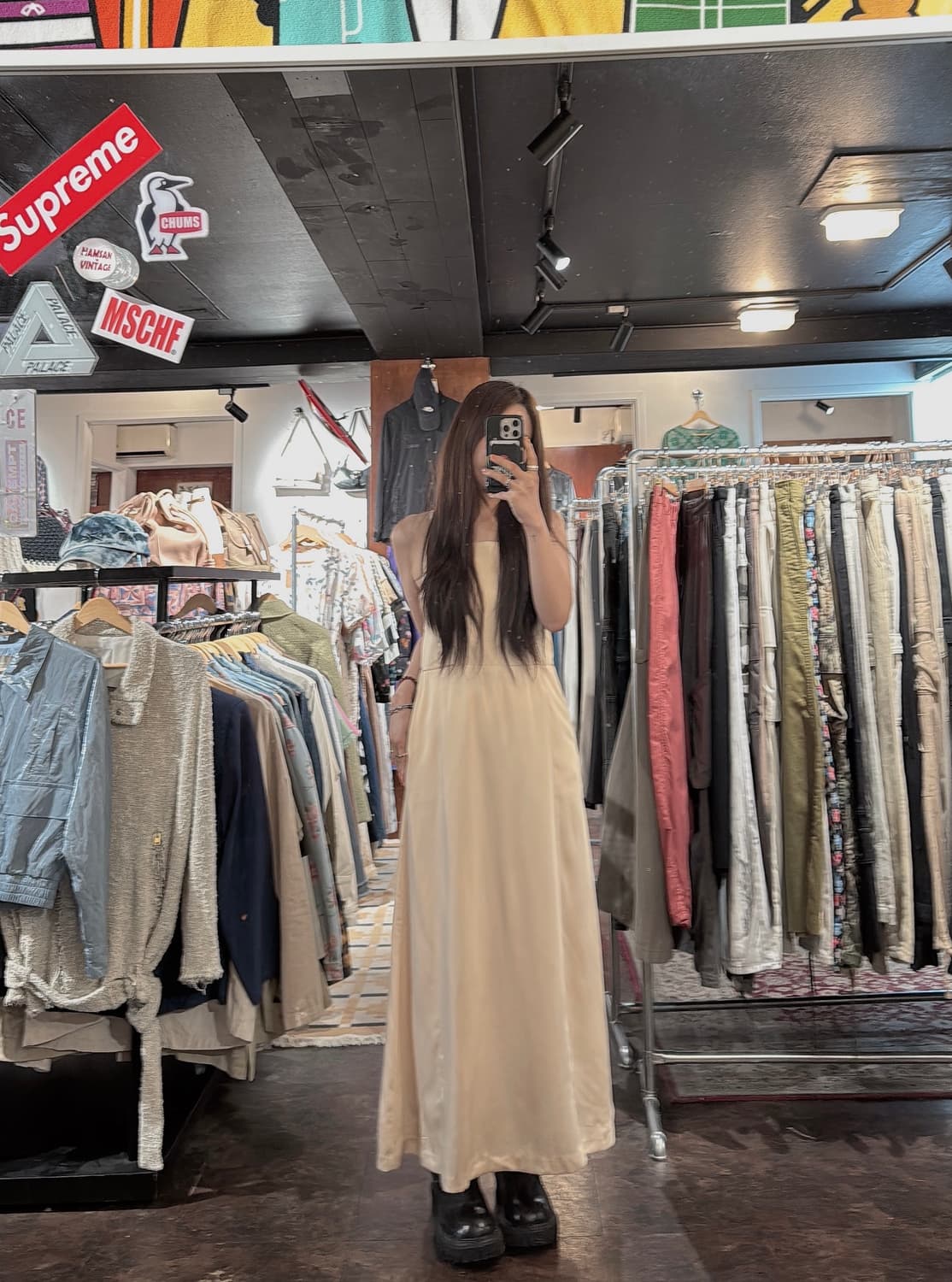 빈티지 새틴 뒷트임 레이어드 나시 슬리브 롱원피스 상품이미지1