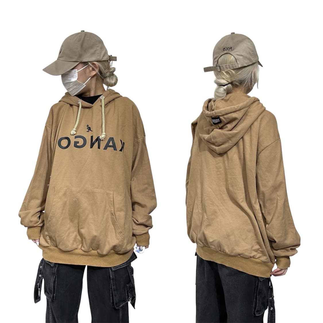 빈티지 베이지 블랙 로고 후드티 F 상품이미지1