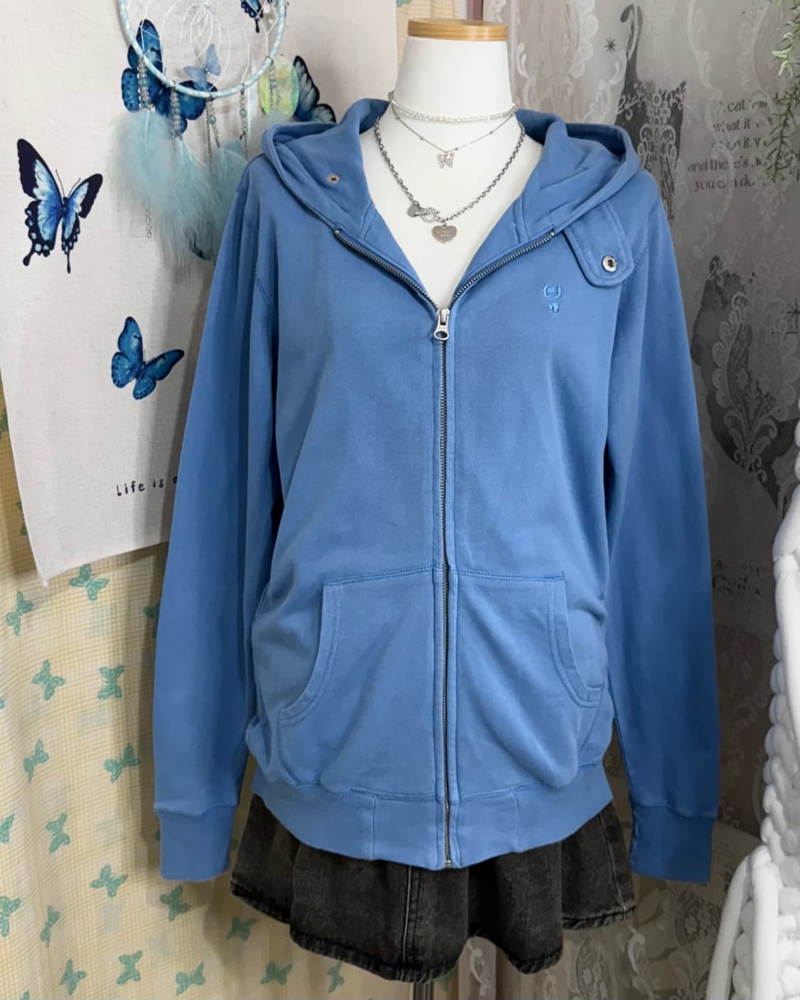 하늘색 넥 버튼 후드 집업 상품이미지7