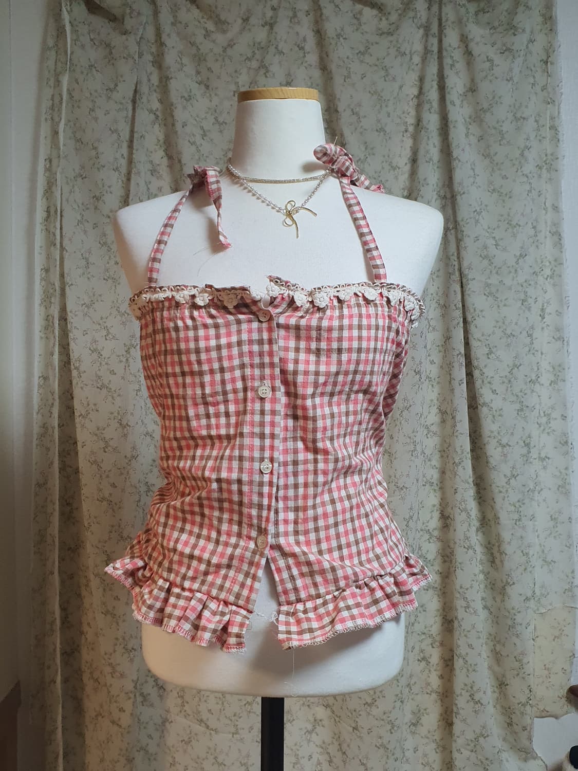 [리폼] 베이비돌탑 체크 블라우스 핑크 브라운 프릴 상품이미지1