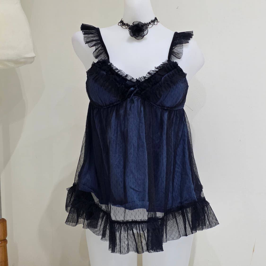 일본빈티지)블랙x네이비 오네갸루 레이스 슬립지뢰계섹시로맨틱 리본슬리브리스 상품이미지1