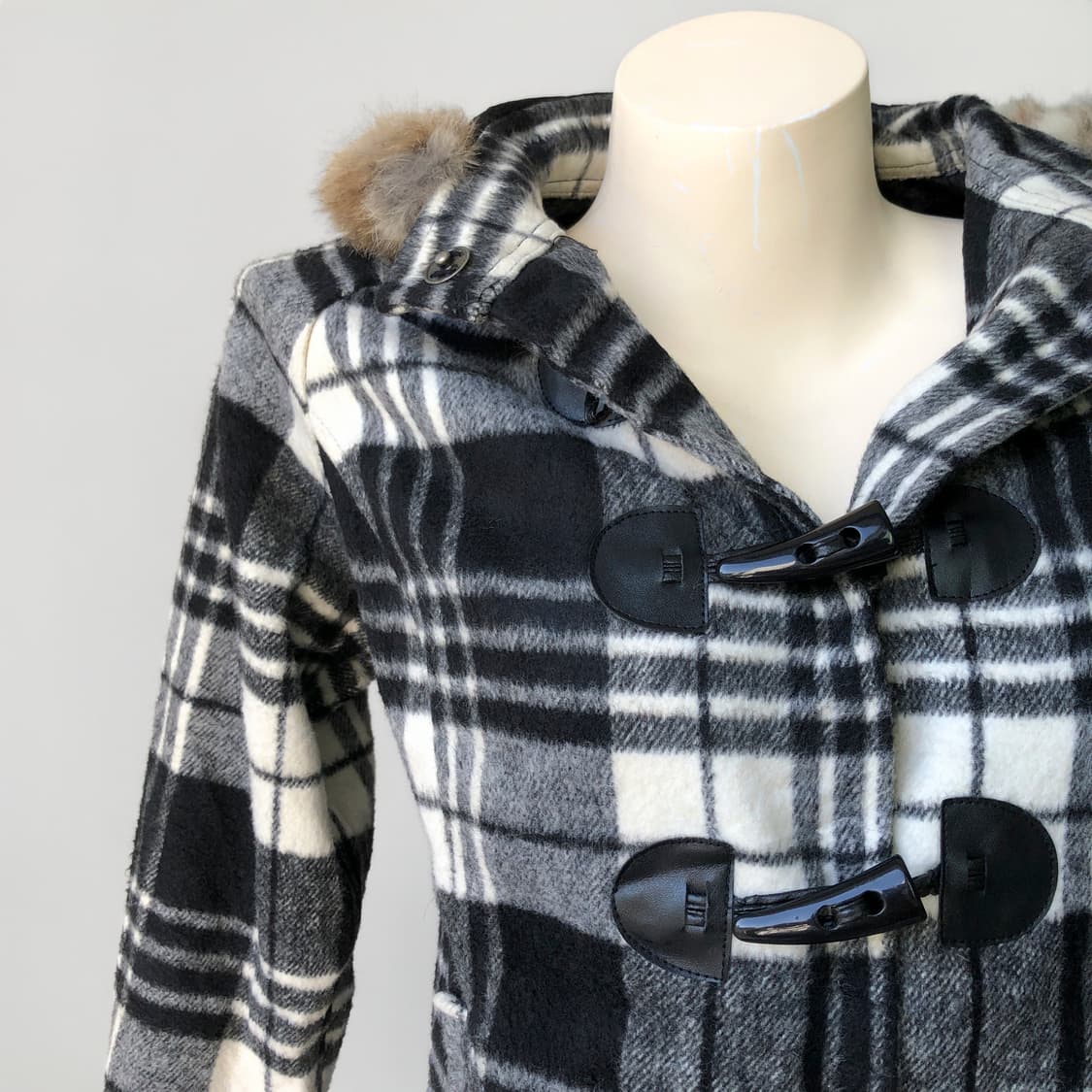 체크 퍼 후드 더플 숏 코트 상품이미지2