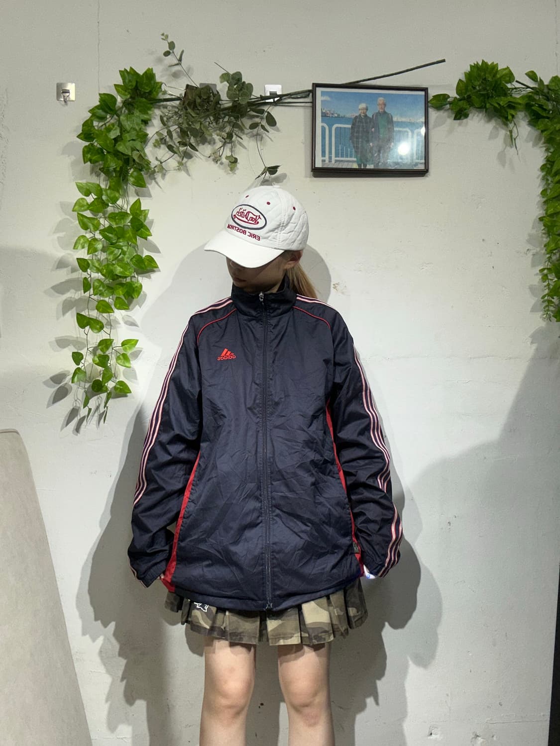 아디다스 네이비 올드스쿨 레드 삼선 오버핏 스몰 로고 바람막이 자켓 M 상품이미지2