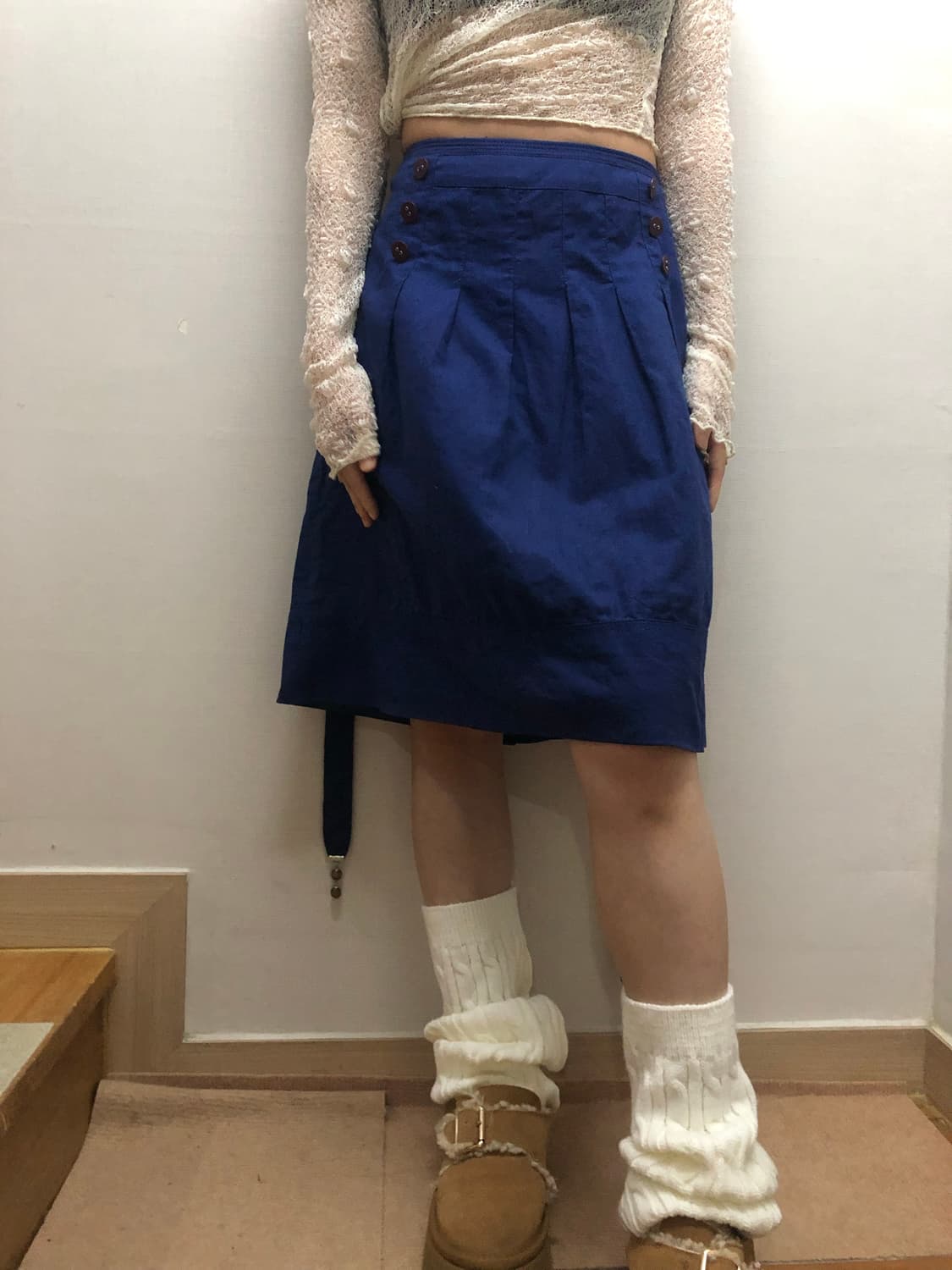 빈티지 블루 벨티드 플리츠 스커트 상품이미지2