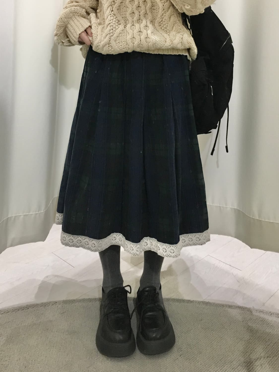 모리 체크 레이스 미디 스커트 상품이미지1