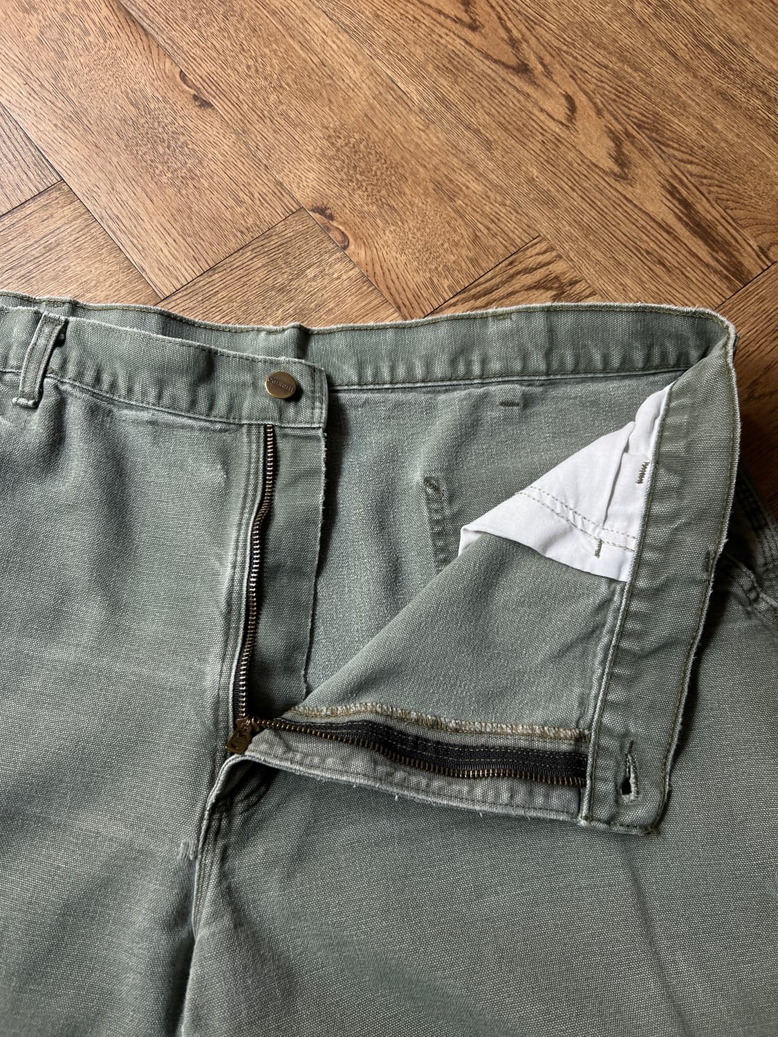 [40]칼하트 USA 빈티지 페이딩 모스그린 싱글니 카펜터 워크 팬츠 상품이미지2