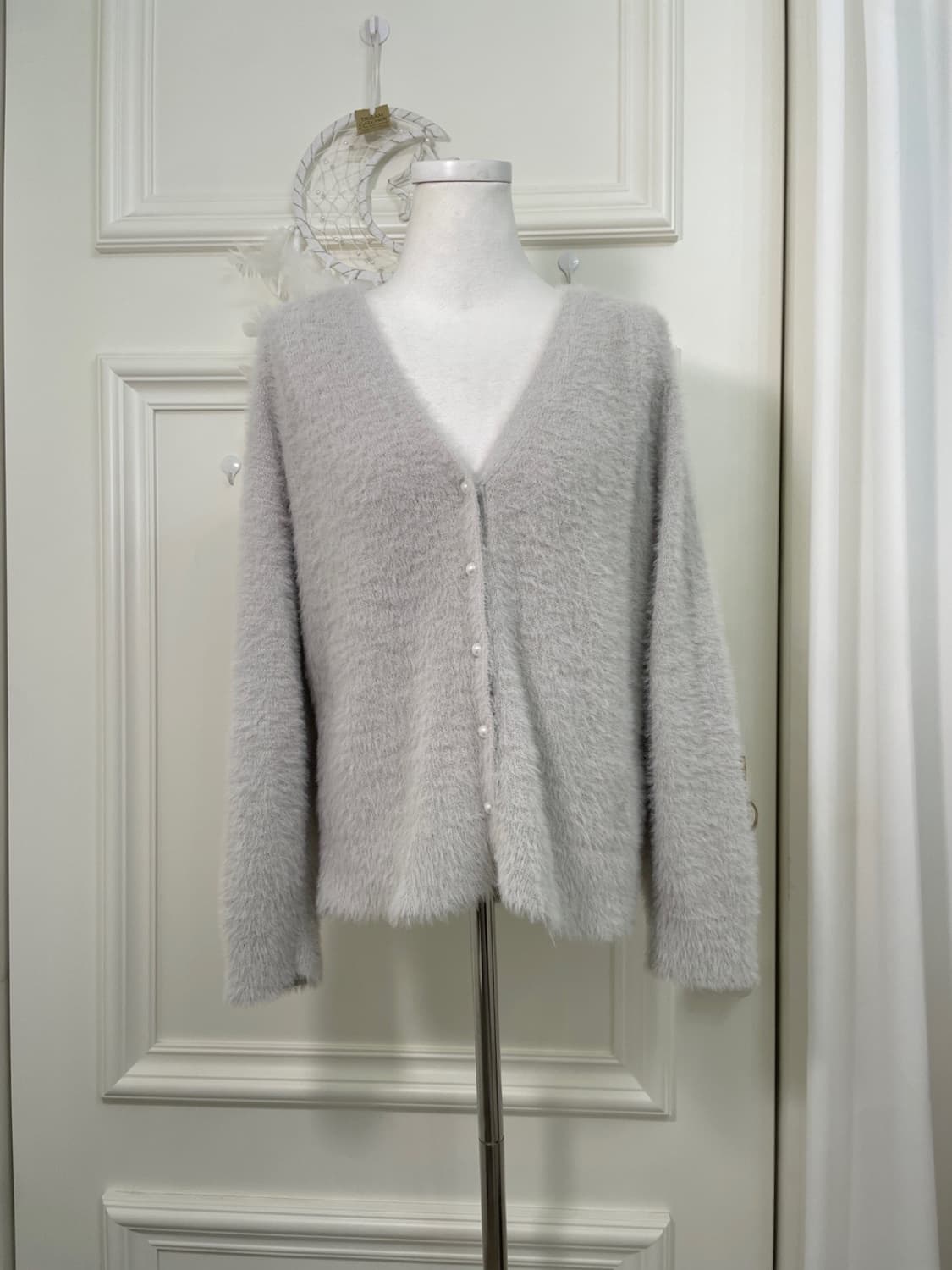sheer gray shaggy pearl button cardigan 상품이미지1