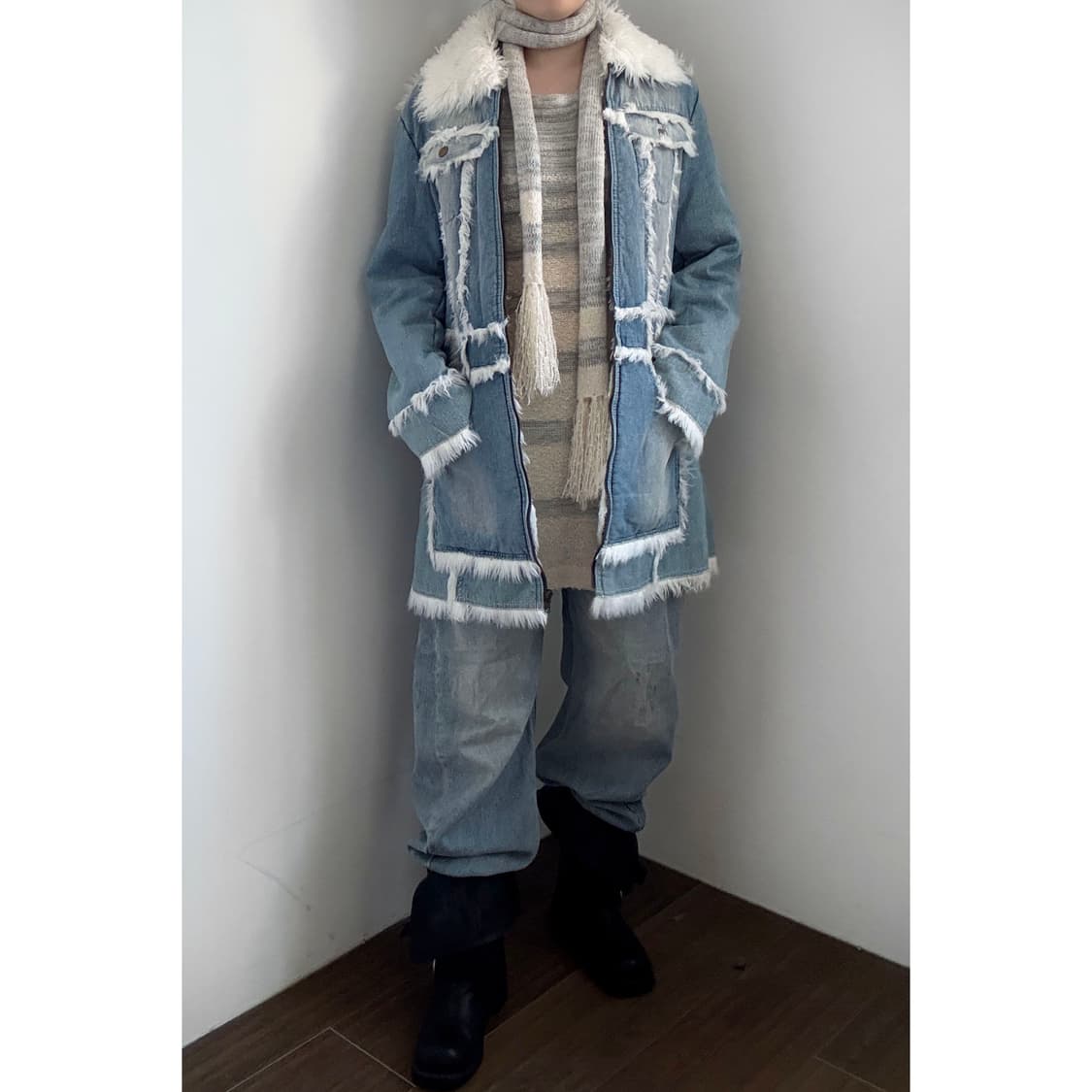 Denim Fur Trimming Coat 상품이미지1