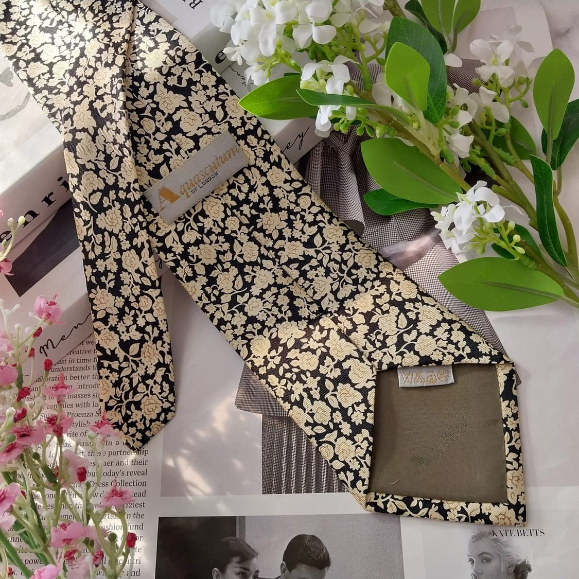 아쿠아스큐텀 실크 블랙 플로럴 넥타이 9.5cm A+등급 k1739 상품이미지4