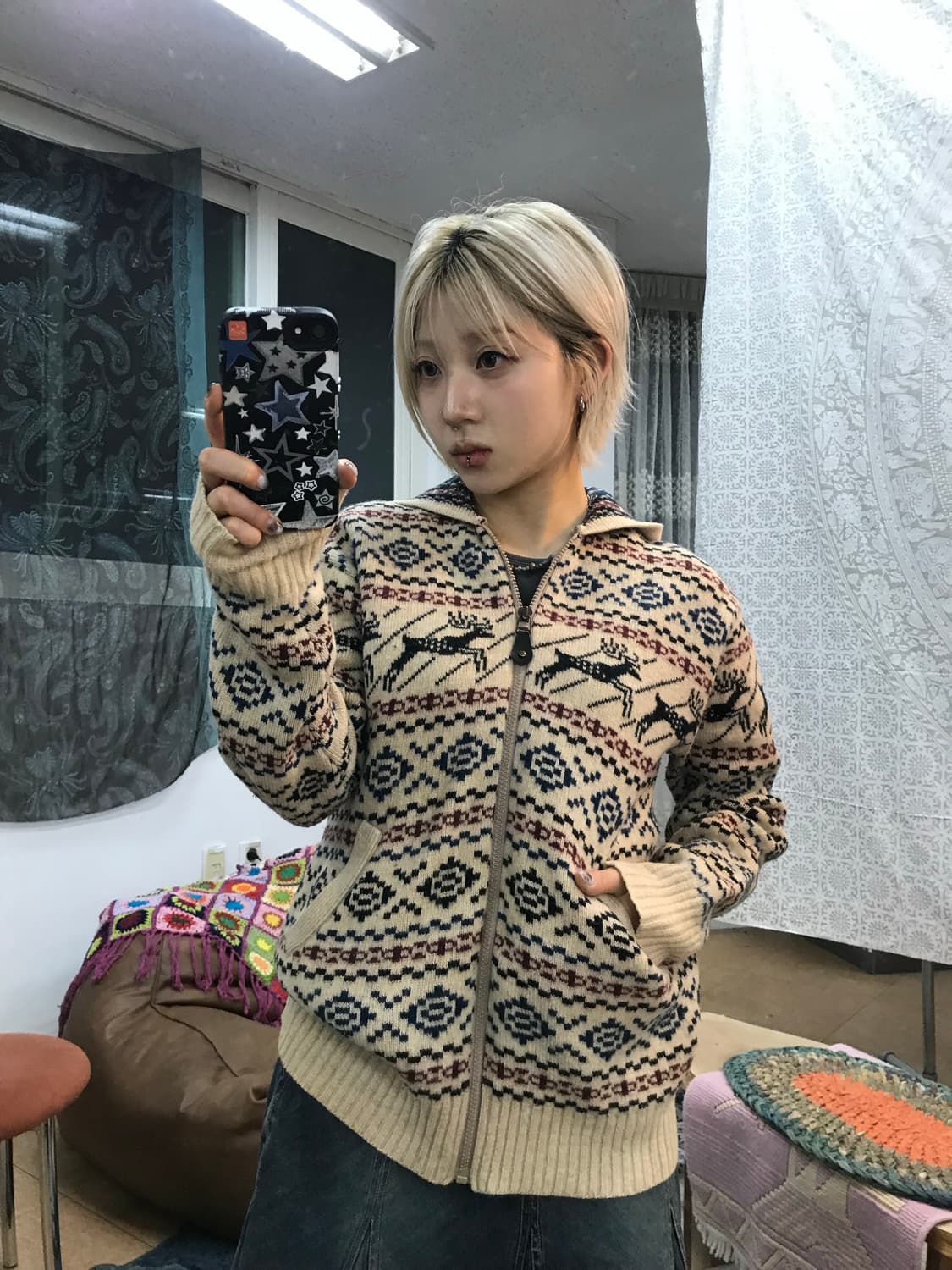 빈티지 여성 에스닉 니트 후드집업  상품이미지1