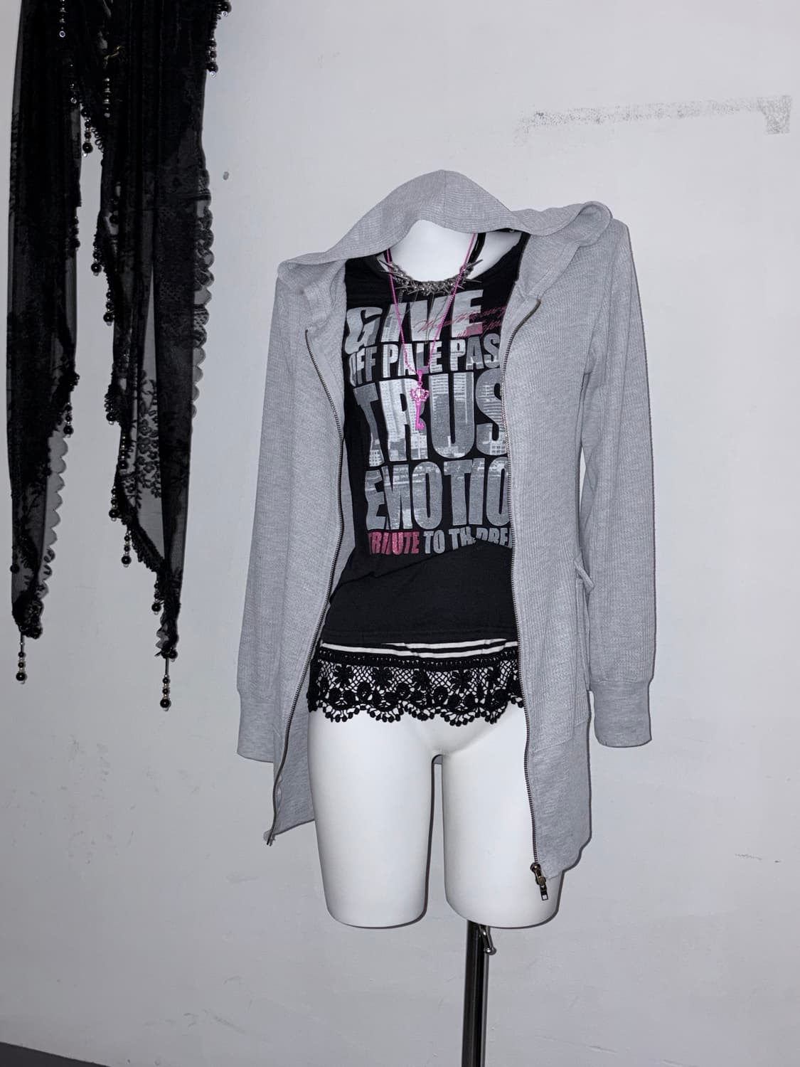 00s 시부야 레터링 무채색 갸루 3pcs (그레이/핫핑크/스트라이프) 상품이미지4