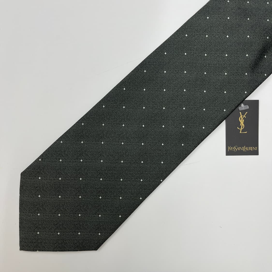 정품 명품 입생로랑 넥타이 9.5cm 카키 컬러 도트 상품이미지2