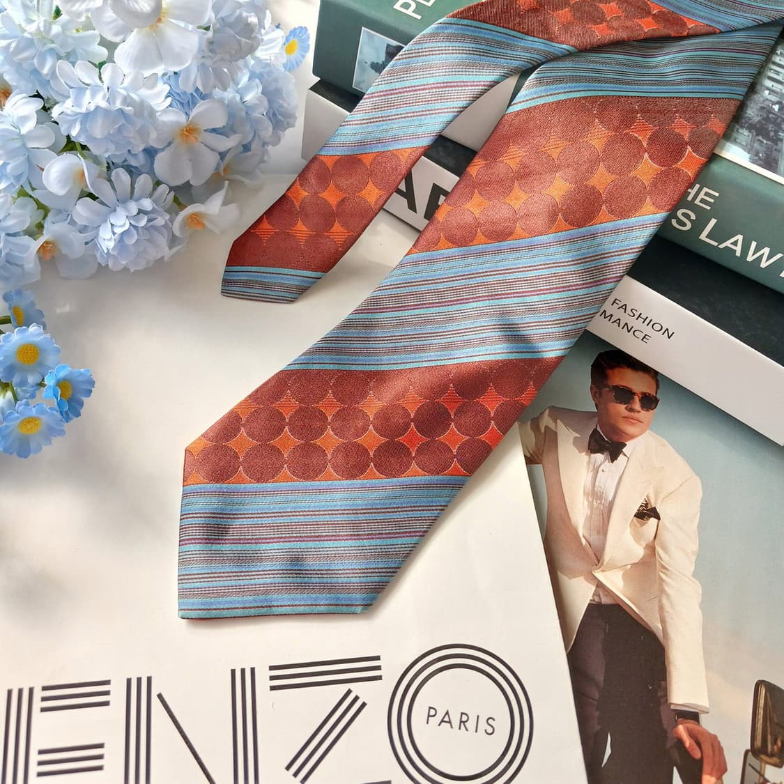 겐조 실크 블루 & 다홍 패턴 넥타이 9.5cm A+등급 E927
 상품이미지4