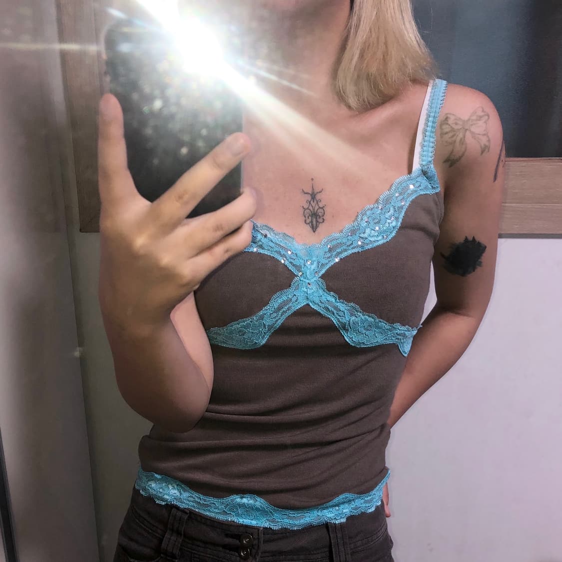 빈티지 구제 y2k 키치 레이스 큐빅 슬리브리스 나시 상품이미지3