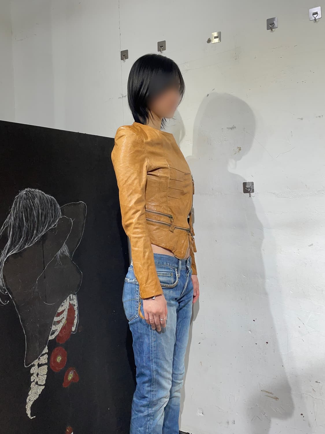 일본빈티지 양가죽 지퍼 디테일 펑크 크롭 레더 자켓  M 상품이미지6