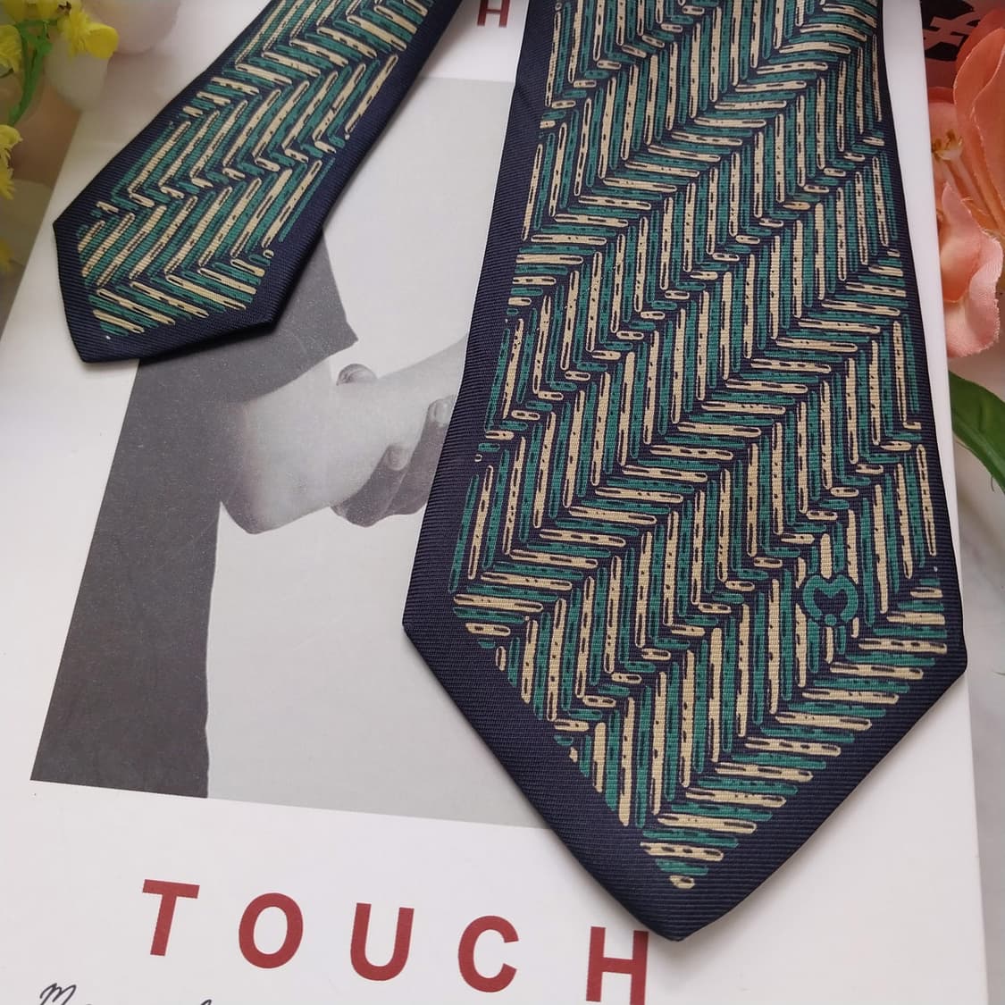 밀라숀 실크 네이비&그린 헤링본 패턴 넥타이 8.5cm A등급 K1279 상품이미지4
