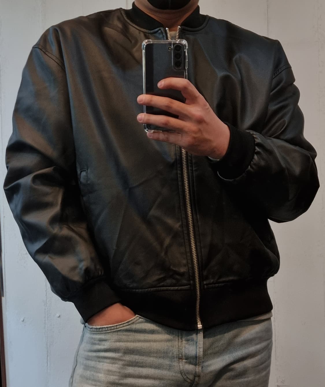 NEVER 블랙 레더 봄버 자켓 105 상품이미지1