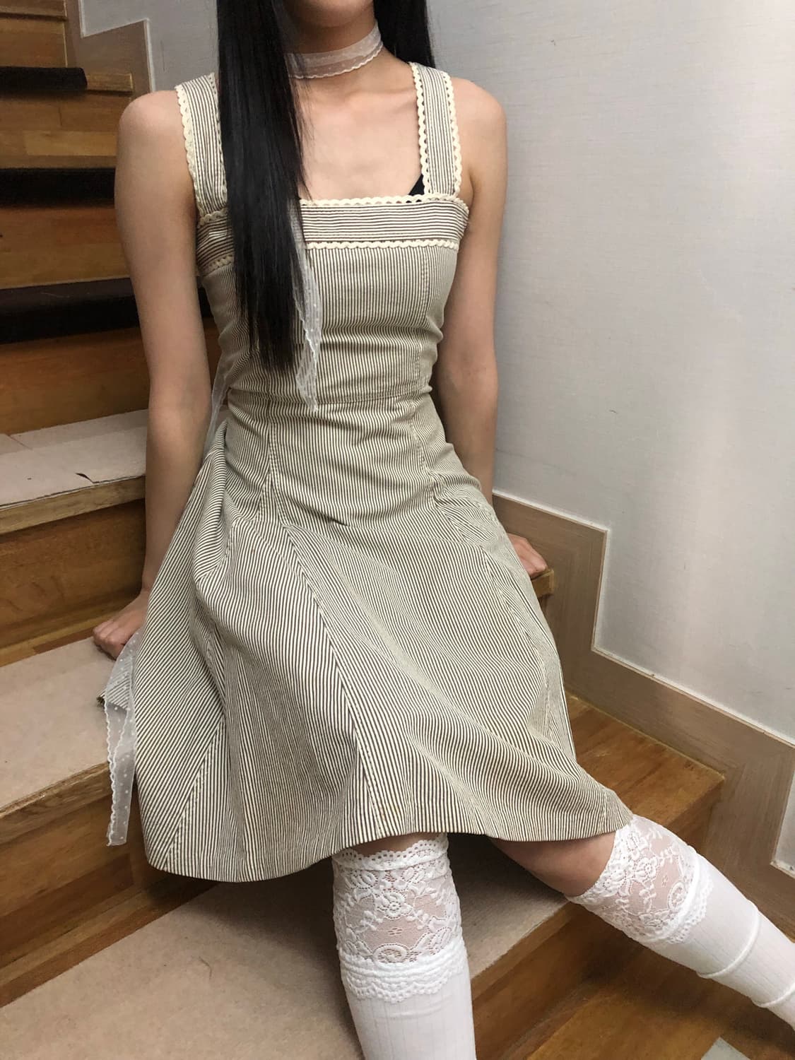 빈티지 아이보리 스트라이프 롱 원피스 상품이미지8