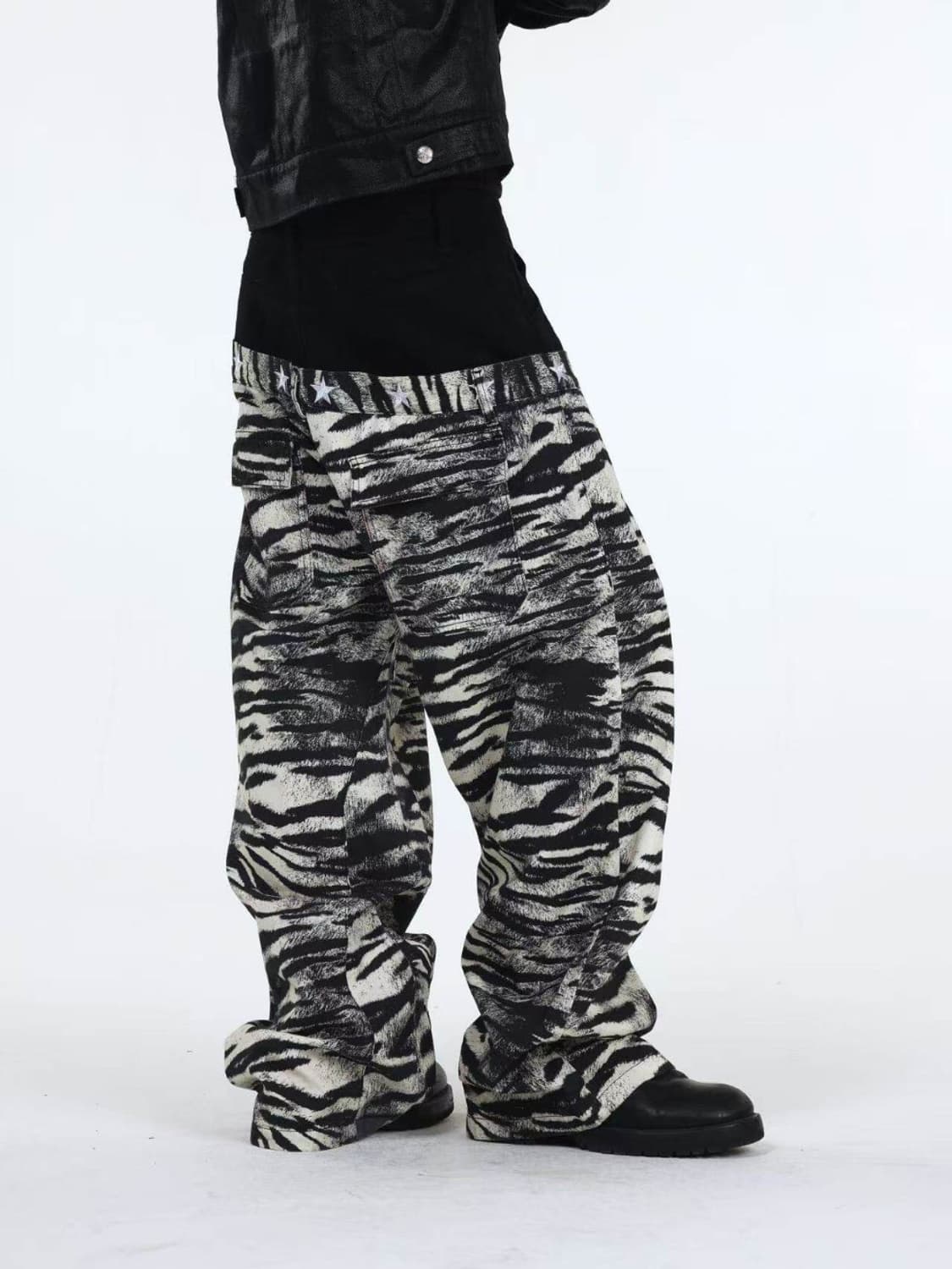 Zebra Print Asymmetric Waist Baggy Jeans 상품이미지2