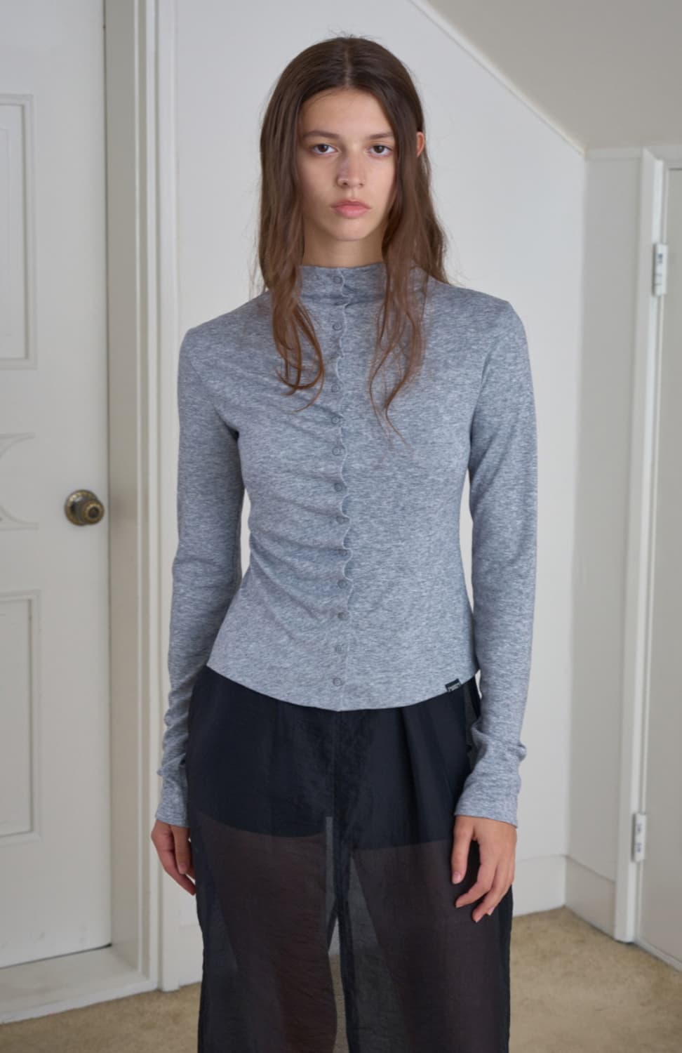 시메트릭퍼센트 버튼 셔링 저지 탑 가디건 그레이 상품이미지3