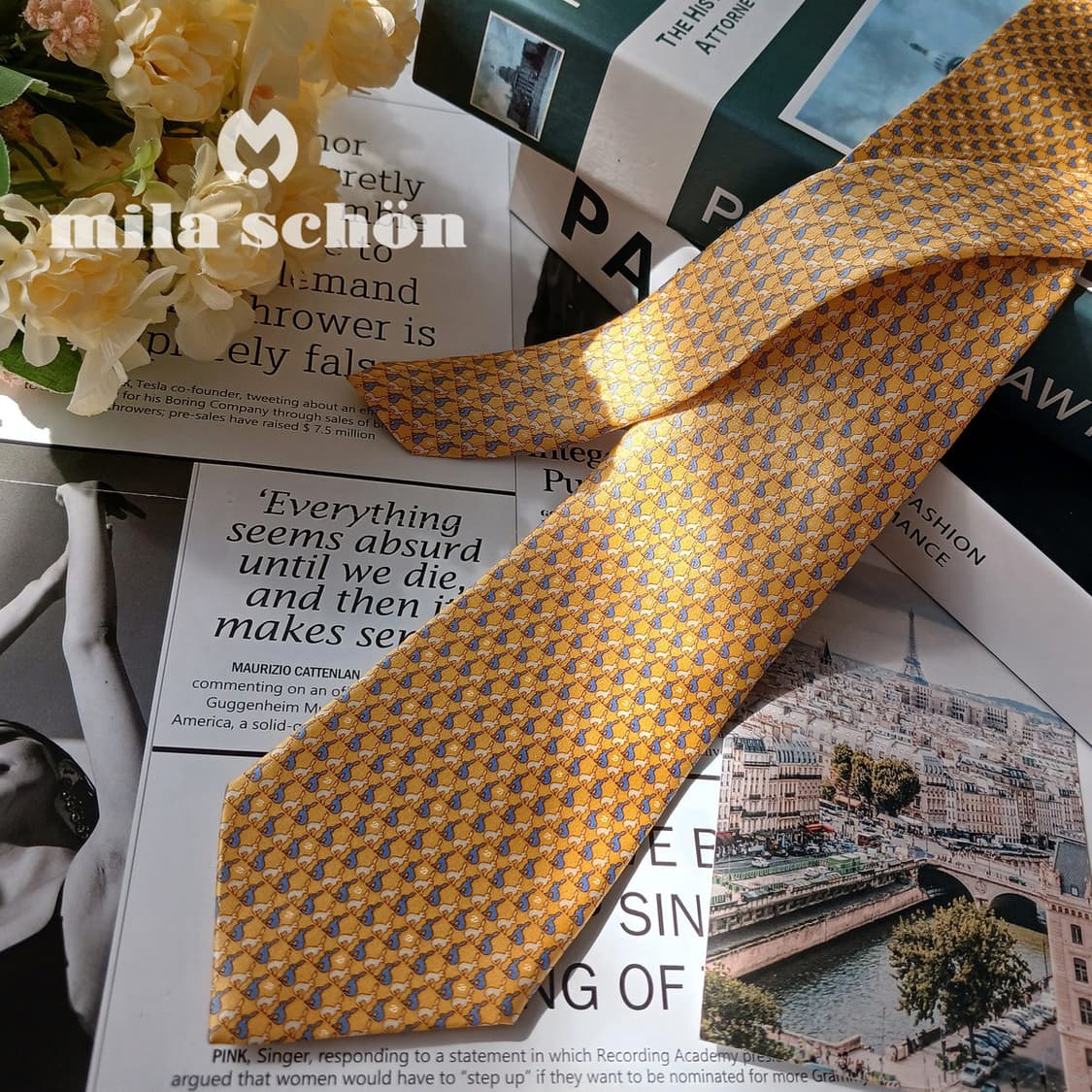 밀라 숀 실크 옐로우 토끼 패턴 넥타이 8.2cm S~A+등급 E803 상품이미지2