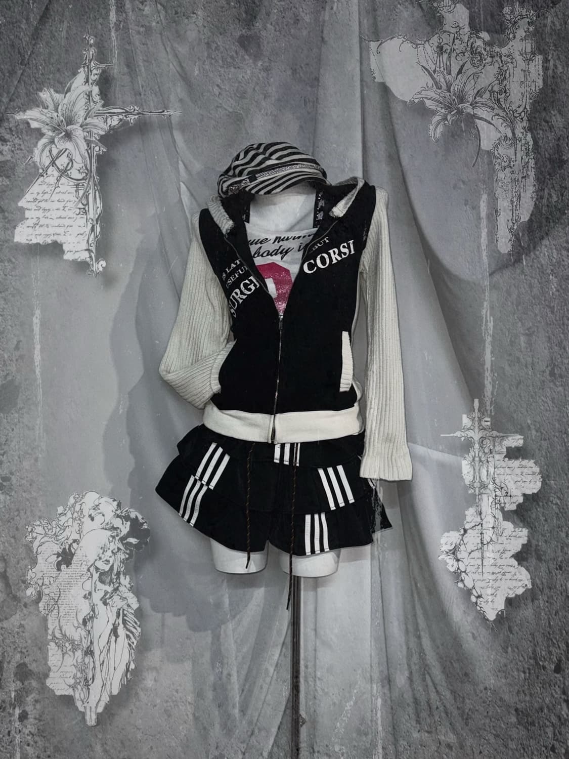 00‘s 무채색 데일리 갸루 아디다스 리메이크 스커트 코디세트 상품이미지1