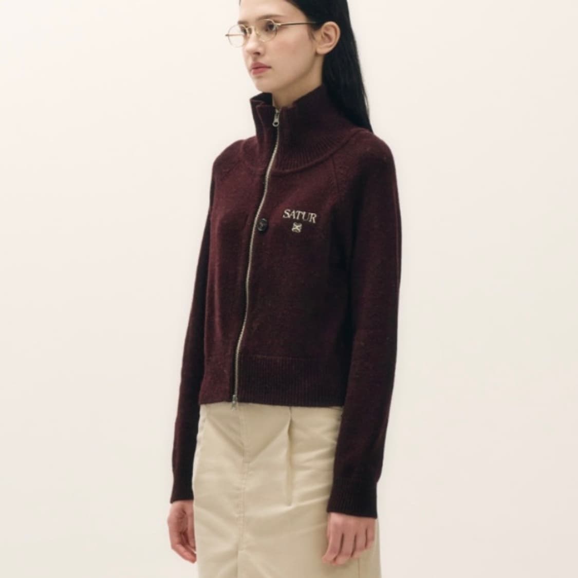 SATER 시그니처 로고 니트 집업 버건디 상품이미지1