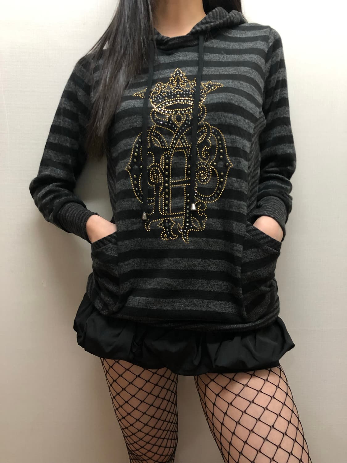 빈티지 블랙 펑크 스트라이프 후디 상품이미지1