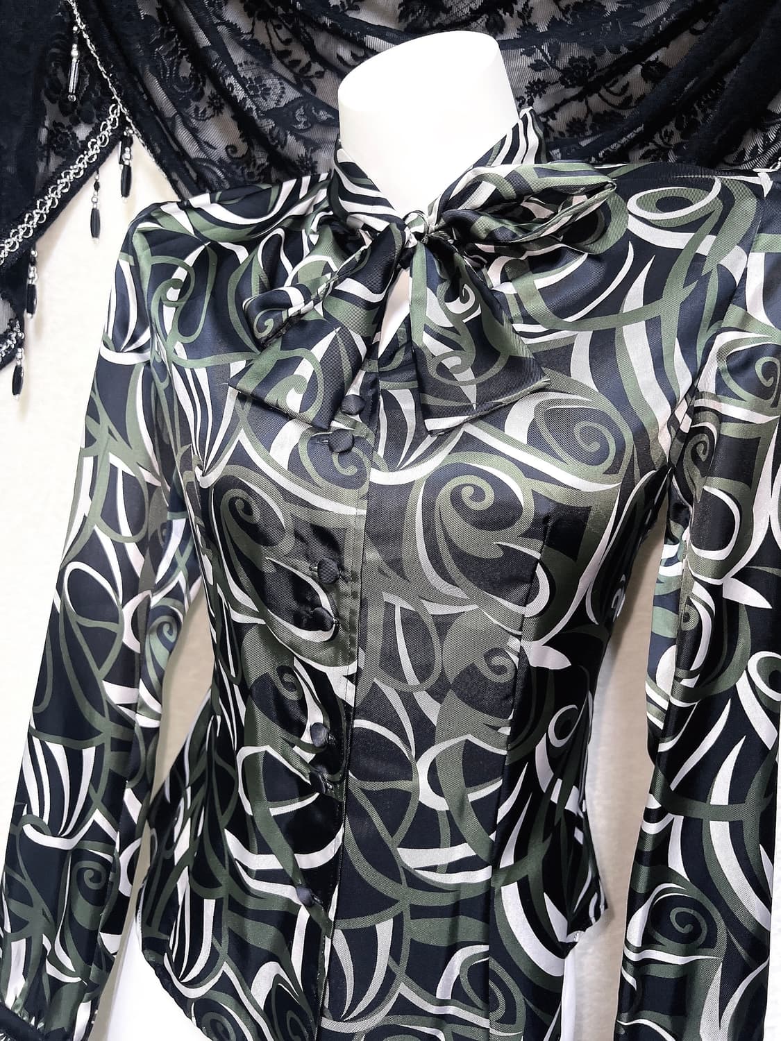 오네갸루 로맨틱고딕 고스펑크 기하학 패턴 새틴 블라우스 셔츠 오리엔탈 상품이미지5