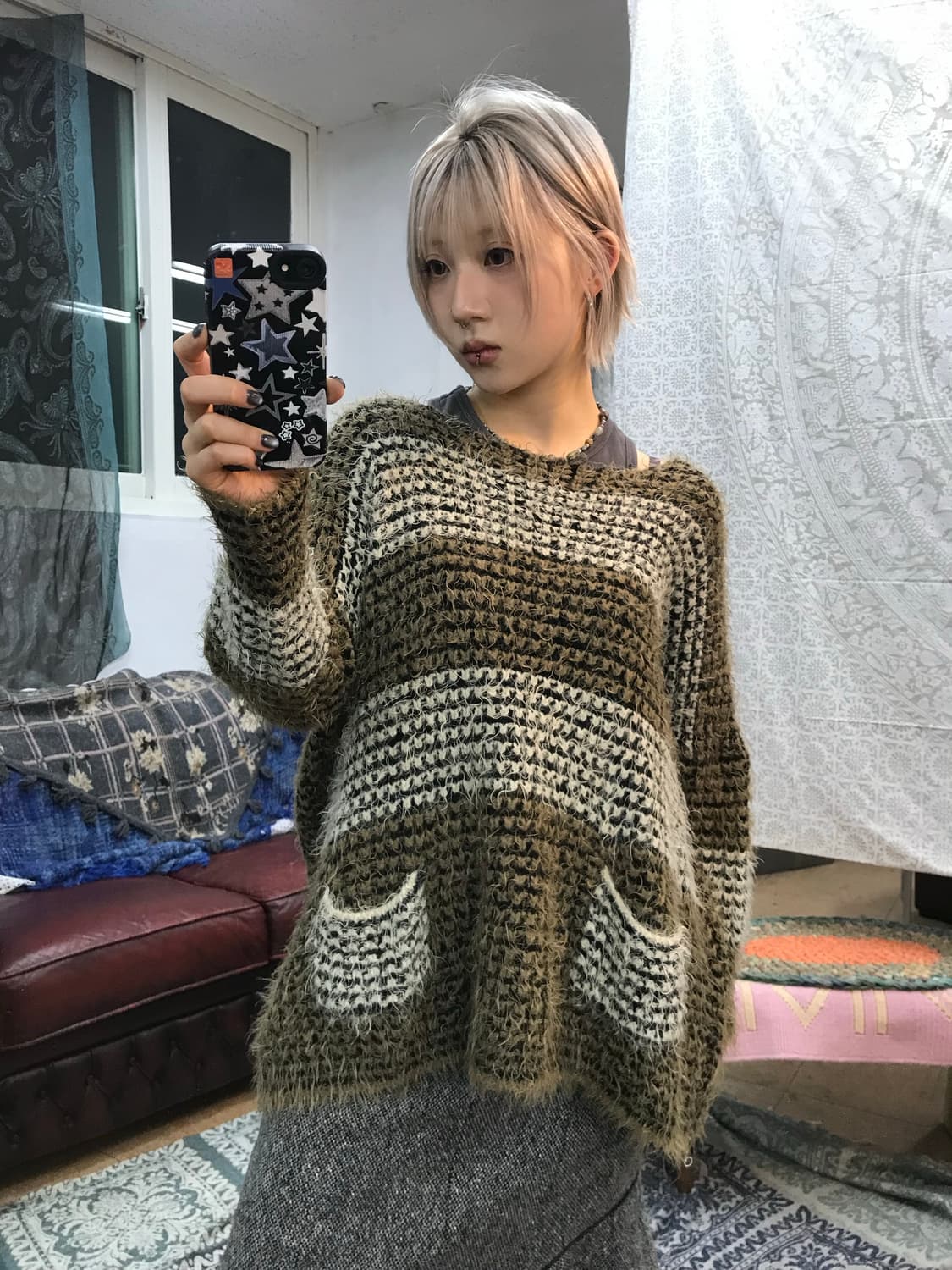 빈티지 여성 스트라이프 포켓7부 라운드 니트  상품이미지1