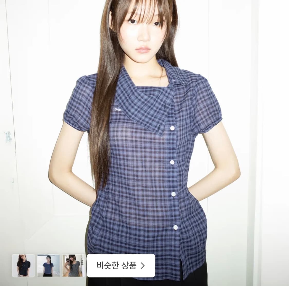 온스카 DRAPE COLLAR BLOUSE (navy check) 상품이미지1