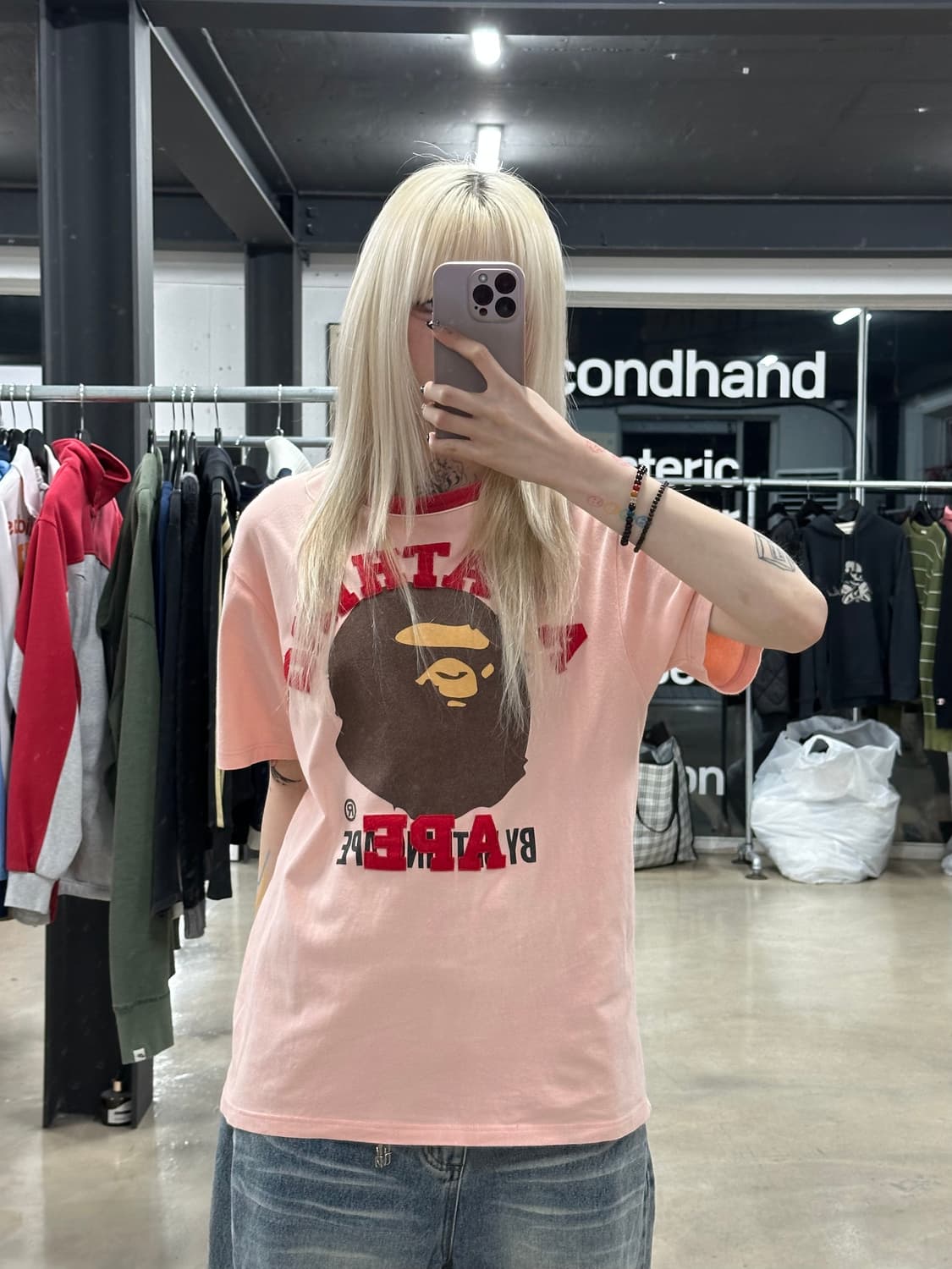 베이프 핑크 컬리지 패치 사루 반팔티 상품이미지2