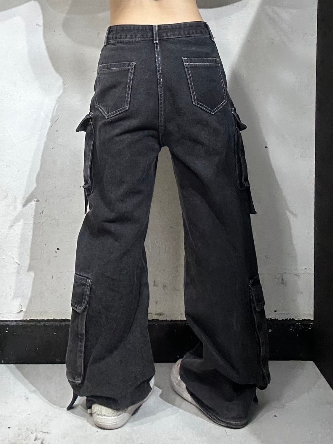 Poem 빈티지 흑청 멀티 포켓 유틸리티 와이드 카고 데님 팬츠 L 상품이미지3